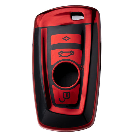 for BMW 1 2 3 4 5 6 7 Series X1 X3 X4 Key Fob Cover TPU Front+ABS Shell Back Case Key Protector, Glossy Blue / Red / Silver
