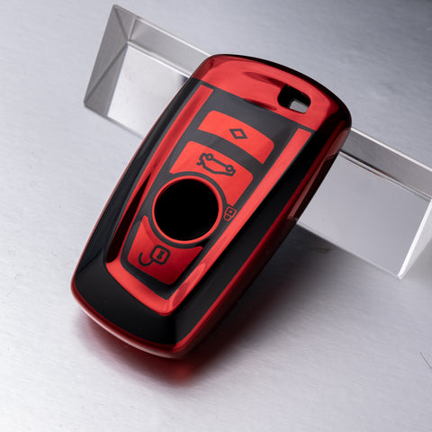 for BMW 1 2 3 4 5 6 7 Series X1 X3 X4 Key Fob Cover TPU Front+ABS Shell Back Case Key Protector, Glossy Blue / Red / Silver