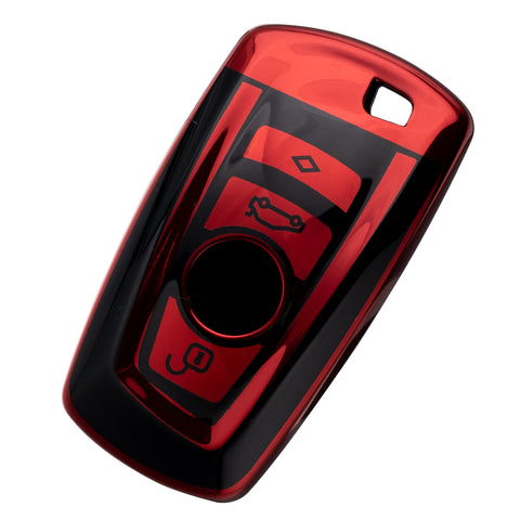 for BMW 1 2 3 4 5 6 7 Series X1 X3 X4 Key Fob Cover TPU Front+ABS Shell Back Case Key Protector, Glossy Blue / Red / Silver