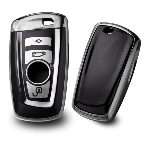 for BMW 1 2 3 4 5 6 7 Series X1 X3 X4 Key Fob Cover TPU Front+ABS Shell Back Case Key Protector, Glossy Blue / Red / Silver