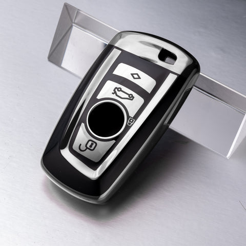 for BMW 1 2 3 4 5 6 7 Series X1 X3 X4 Key Fob Cover TPU Front+ABS Shell Back Case Key Protector, Glossy Blue / Red / Silver