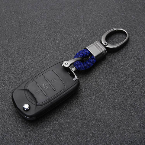 Blue Universal Braided Faux Genuine Leather Gun Metal Fob Remote Keychain Decal