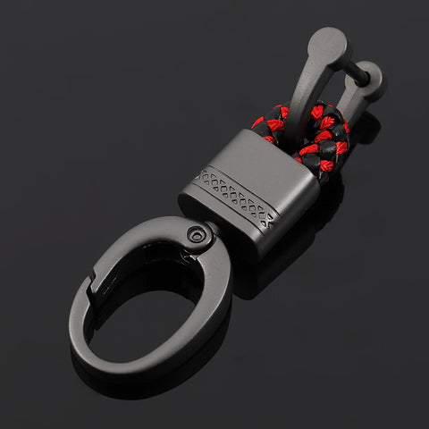Black Red Cross Braid Faux Leather Gun Metal Snap Keychain KeyRing Fob Universal
