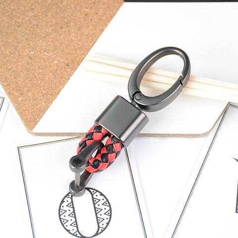 Black Red Cross Braid Faux Leather Gun Metal Snap Keychain KeyRing Fob Universal