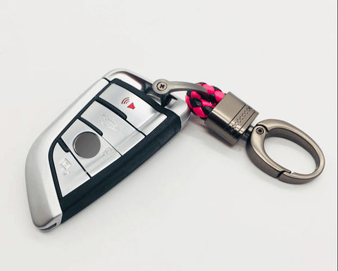 Black Red Cross Braid Faux Leather Gun Metal Snap Keychain KeyRing Fob Universal