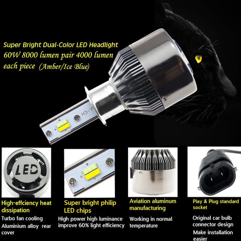 H3 8000LM Dual-Color 3000K Amber\8000K Ice Blue LED Headlight Low Beam DRL Lamps
