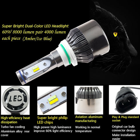 Double Color LED Headlight Kit 9006 HB4 60W 8000LM Chevrolet\ Dodge\ Nissan\ GMC\ RamHigh Low Beam Bulbs Pair Ice blue/Amber