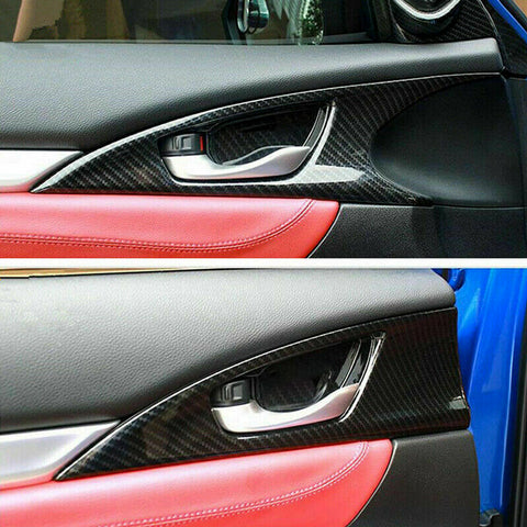 4x Carbon Fiber Print Interior Door Handle Bowl Panel Molding Cover Decoration Trim for Honda Civic 10th Gen Sedan 2016 2017 2018 2019 2020