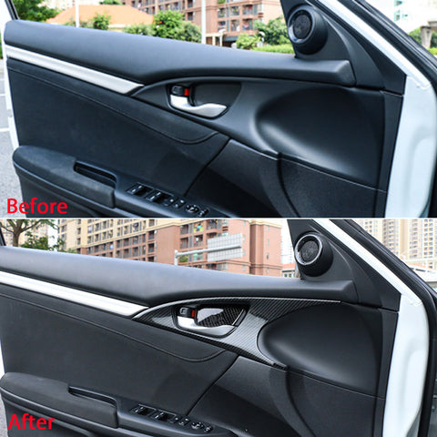 4x Carbon Fiber Print Interior Door Handle Bowl Panel Molding Cover Decoration Trim for Honda Civic 10th Gen Sedan 2016 2017 2018 2019 2020