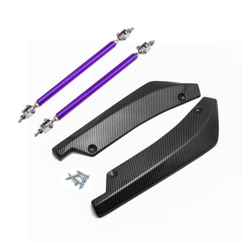 Rear Bumper Canard Diffuser Splitter Valence Spoiler Fin Lip Trim Universal Fit (Carbon Fiber Pattern) with Purple Adjustable 6"-9" Support Rods