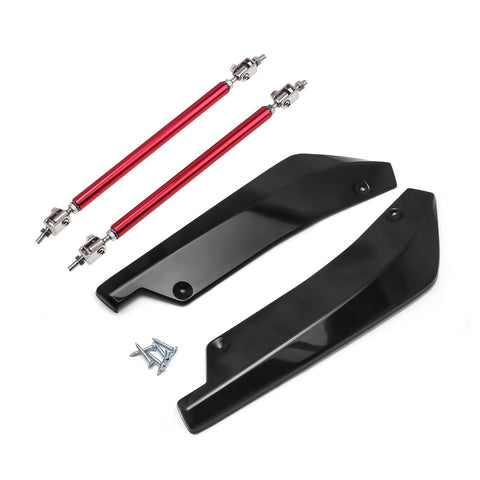 JDM Universal Rear Bumper Canard Diffuser Splitter Valence Spoiler Fin Lip Trim, Glossy Black with Adjustable 6"-9" Support Rod -Red