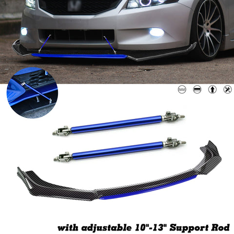 Front Bumper Lip Chin Spoiler Splitter Diffuser Protector Body Kit Compatible with Honda Accord Civic or Volkswagen MK5 MK6 MK7 or Kia Optima or Mitsubishi Lancer, Carbon Black w/Blue 4pcs