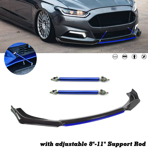 Front Bumper Lip Chin Spoiler Splitter Diffuser Protector Body Kit Compatible with Honda Accord Civic or Volkswagen MK5 MK6 MK7 or Kia Optima or Mitsubishi Lancer, Carbon Black w/Blue 4pcs