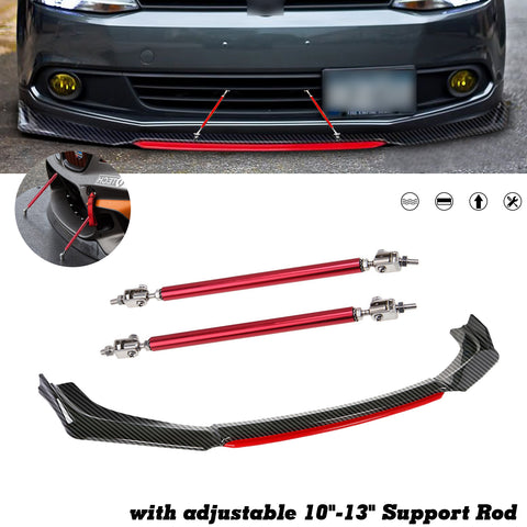Front Bumper Lip Chin Spoiler Splitter Diffuser Protector Body Kit Compatible with Honda Accord Civic or Volkswagen MK5 MK6 MK7 or Kia Optima or Mitsubishi Lancer, Carbon Black w/Red 4pcs