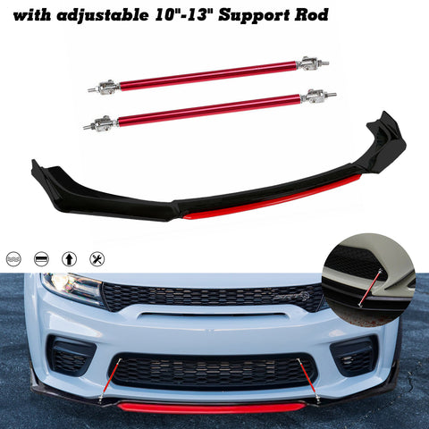 Front Bumper Lip Chin Spoiler Splitter Diffuser Protector Body Kit Compatible with Honda Accord Civic or Volkswagen MK5 MK6 MK7 or Kia Optima or Mitsubishi Lancer, Matte Black w/Red 4pcs