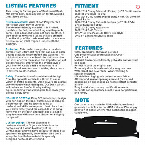 Center Console Dashboard Mat Pre-cut Non-Slip Sunshield Sun Glare Protector Dash Carpet Pad Black Cover Compatible with Chevrolet Silverado GMC Sierra 2007-2013,w/One Golve Box-Type B