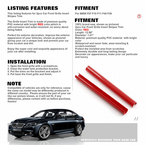 Front Grille Insert Trims Stripes, Front Center Kidney Grilles Trim Compatible with BMW 5 X1 X2 Series F07 F10 F11 F48 F39 (Red)