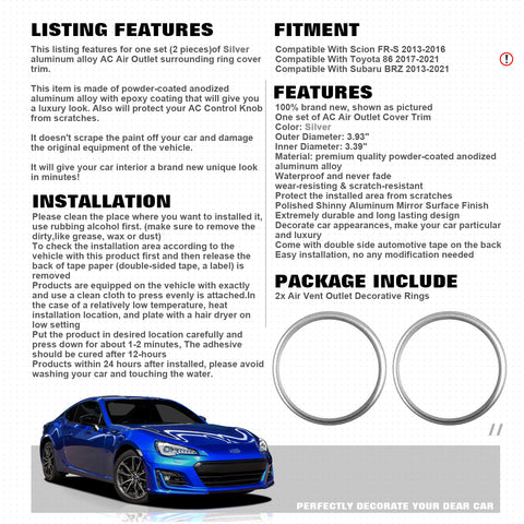 Silver AC Air Outlet Ring Decor Cover For Toyota 86 2012-2018 Subaru BRZ 2013-21