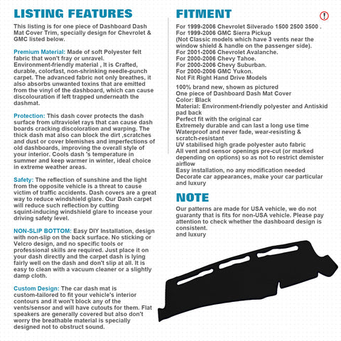 Center Console Dashboard Mat Pre-cut Non-Slip Sunshield Sun Glare Protector Dash Carpet Pad Black Cover Compatible with Chevrolet Silverado Tahoe Suburban GMC Sierra Pickup 1999-2006