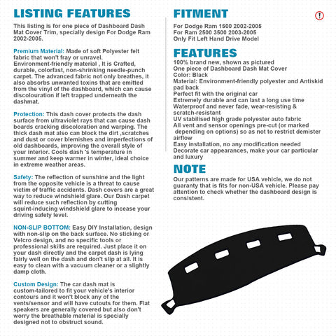 Center Console Dashboard Mat Pre-cut Non-Slip Sunshield Sun Glare Protector Dash Carpet Pad Black Cover Compatible with Dodge Ram 1500 2500 3500 2002-2005