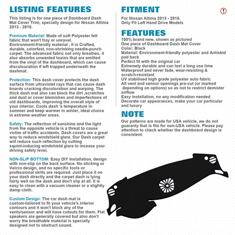 Center Console Dashboard Mat Pre-cut Non-Slip Sunshield Sun Glare Protector Dash Carpet Pad Black Cover Compatible with Nissan Altima 2013-2018