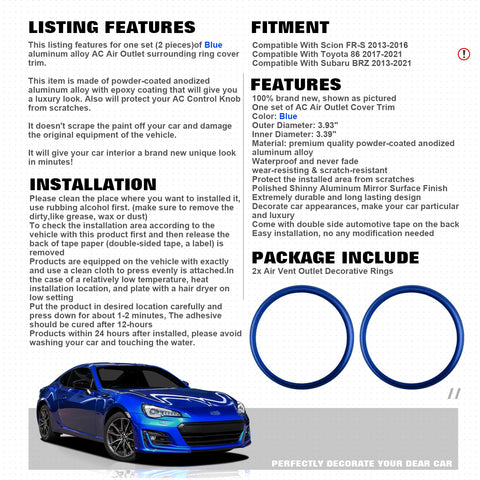 For Toyota 86 2017-2021 Blue Aluminum AC Air Vent Ring Surronding Cover 2pieces