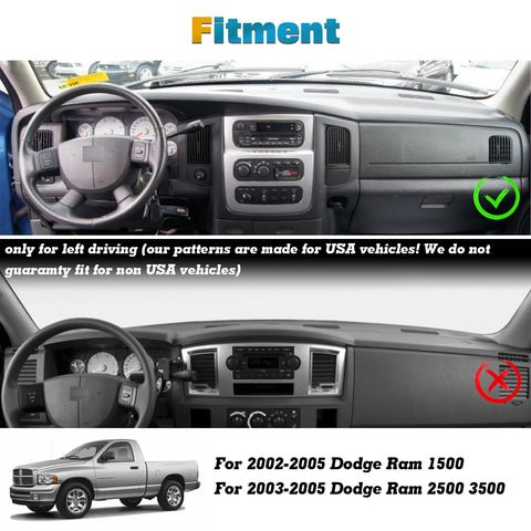 Center Console Dashboard Mat Pre-cut Non-Slip Sunshield Sun Glare Protector Dash Carpet Pad Black Cover Compatible with Dodge Ram 1500 2500 3500 2002-2005