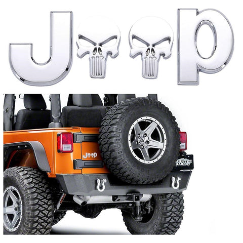 3D Letter Emblem Punisher Skull Sticker Car Body Rear Badge Decal for Jeep Wrangler Compass Black/ Silver
