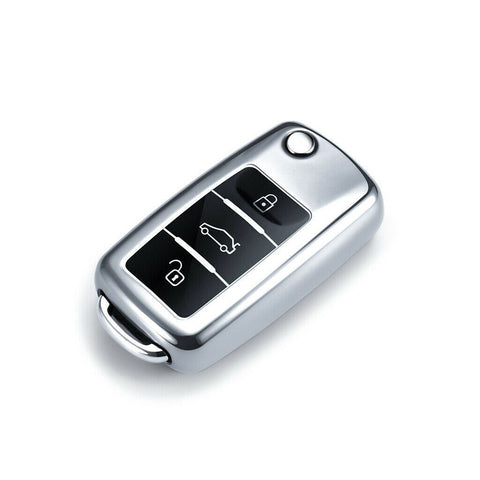 Remote Key Fob Silver Shell Folding Flip For Volkswagen Caddy Golf MK6 3-Button