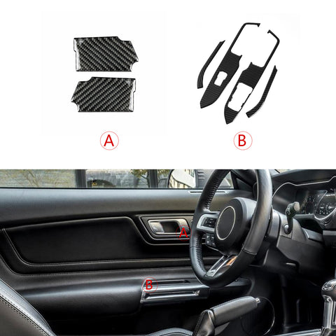 Carbon Fiber Handle Bowl + Window Lift Control Panel Cover For Mustang 2015-2022