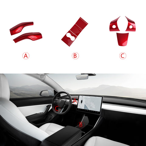 Sporty Red Console Wrap Steering Wheel Paddle Shifter Cover for Tesla Model 3 Y