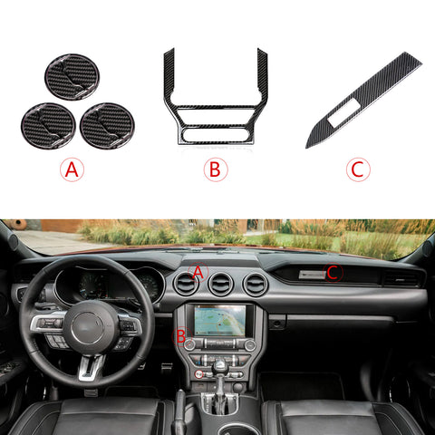 Set Real Carbon Fiber Interior Dashboard Center Air Vent Touch Screen Passenger Dash Panel Accessories Cover Trim Combo Kit, Compatible with Ford Mustang 2015-2022