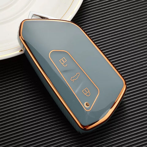 2Pcs Gold Edge Gray TPU Key Fob Shell Full Cover Case, Compatible with Volkswagen Golf 8 ID.4 MK8 Seat Leon MK4 Skoda Octavia Smart Keyless Entry Key