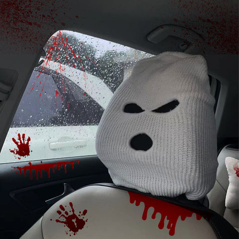 Xotic Tech Car Funny Decoration Spoof Balaclava Face Headrest Cover, Scary Bank Robber Costume Front Seat Head Rest Protector, Halloween Bandit Mask Auto Accessories Universal for Most Car-White