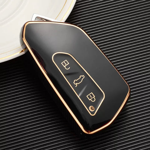 2Pcs Gold Edge Black TPU Key Fob Shell Full Cover Case, Compatible with Volkswagen Golf 8 ID.4 MK8 Seat Leon MK4 Skoda Octavia Smart Keyless Entry Key