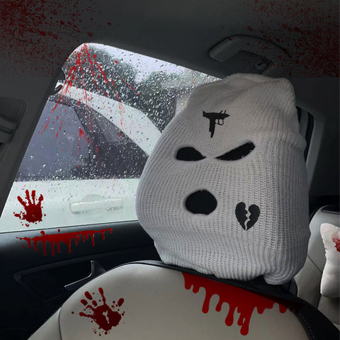 Xotic Tech Car Funny Decoration Spoof Balaclava Face Headrest Cover, Scary Bank Robber Costume Front Seat Head Rest Protector, Halloween Bandit Mask Auto Accessories Universal for Most Car-White