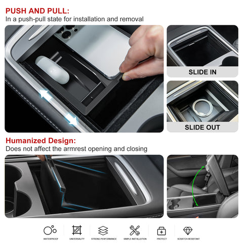 Interior ABS Center Console Organizer Tray Armrest Black Layer Hidden Cubby Drawer Storage Box + Co-pilot Glove Box Grocery Hanger Hooks Combo Kit Compatible with Tesla Model 3 Model Y 2021-UP