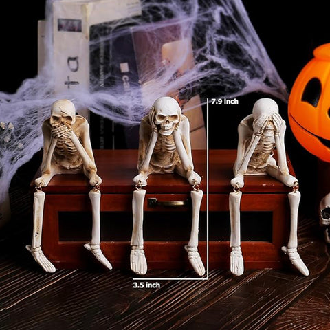 Set of 3 Halloween Statues See Speak Hear No Evil Skeleton Skull Bone Decoration