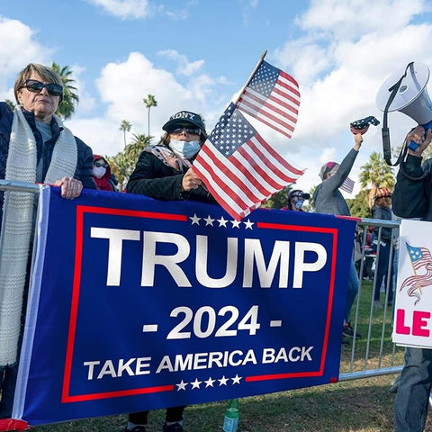 Trump 2024 Flag, Double Sided 3 Ply Take America Back Flag 3x5FT Polyester with Durable Canvas Header and 2 Brass Grommets for Indoor Outdoor Decoration w/Wristbands Set for Supporters Fans