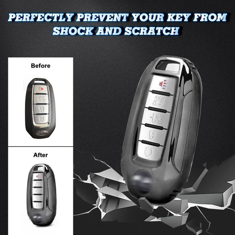 Xotic Tech Glossy Black Soft TPU Full Seal Transparent Button Smart Key Fob Shell Protector Compatible with Infiniti Q50 Q60 QX50 QX55 QX60