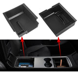 2PCS Interior Center Console Organizer Tray Armrest Black ABS Layer Hidden Cubby Drawer Storage Box Phone Coin Holder Tray Compatible with Tesla Model 3 Model Y 2021-UP