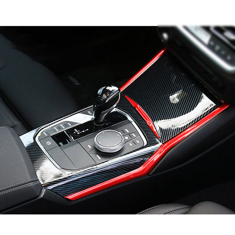 Red+Carbon Fiber ABS Gear Shift Panel Water Cup Holder Trim For BMW 3-Series G20