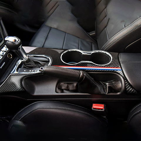 Carbon Fiber w/Tri Color Console Gear Shift Panel Cover For Ford Mustang 2015+