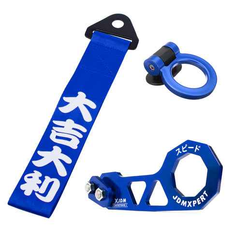 JDM Sports Tow Strap Racing Tow Strap with Chinese Slogan + Front Tow Hook Kit + Rear Tow Towing Hook Universal for Car (Good Luck & All The Best)