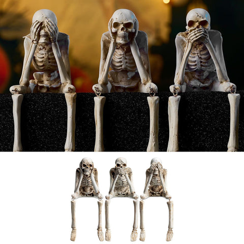 Set of 3 Halloween Statues See Speak Hear No Evil Skeleton Skull Bone Decoration