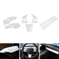 Set Glossy White Interior Center Console Stripe Paddle Shifter Cover Steering Wheel Accessories Cover Trim Combo Kit, Compatible with Tesla Model 3 Y 2017-2023