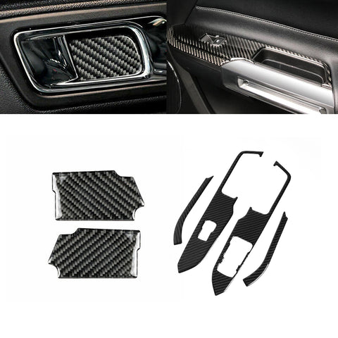 Carbon Fiber Handle Bowl + Window Lift Control Panel Cover For Mustang 2015-2022