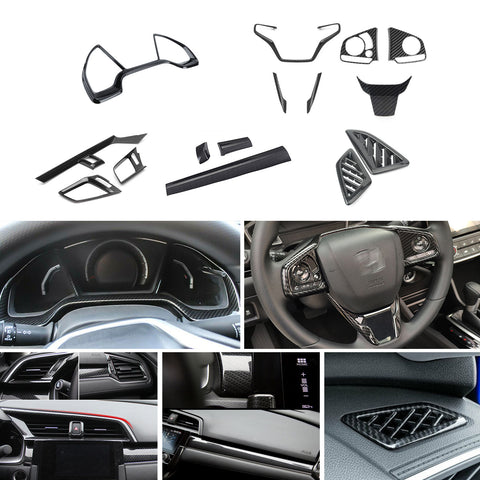 Carbon Fiber Black Steering Wheel Dashboard AC Vent Cover Trim For Civic 16-2021