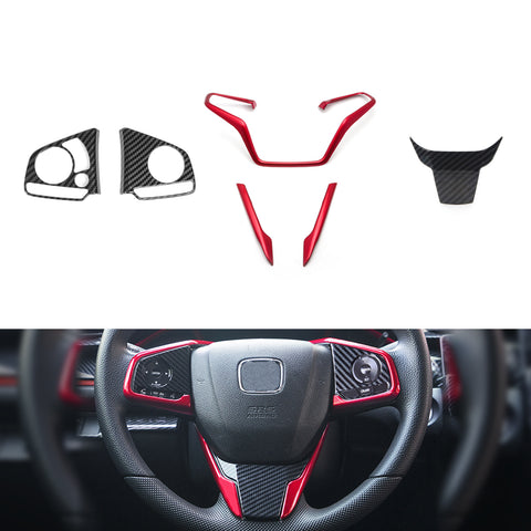 Red w/Carbon Fiber Pattern Steering Wheel Cover Decor For Honda Civic 2016-21