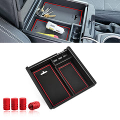 Center Console Armrest Box Secondary Storage Coin Holder Tray Organizer w/Red Anti-Dust Mats + Red Tire Valve Stem Caps Combo Kit, Compatible with Toyota Tacoma 2016-2023